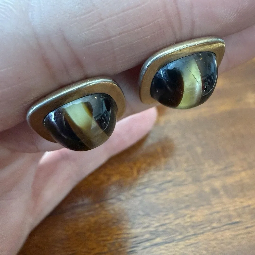 Vintage Correct Quality Cat's Eye Glass Gold Tone‎ Cuff Links Brown Fiber Optic